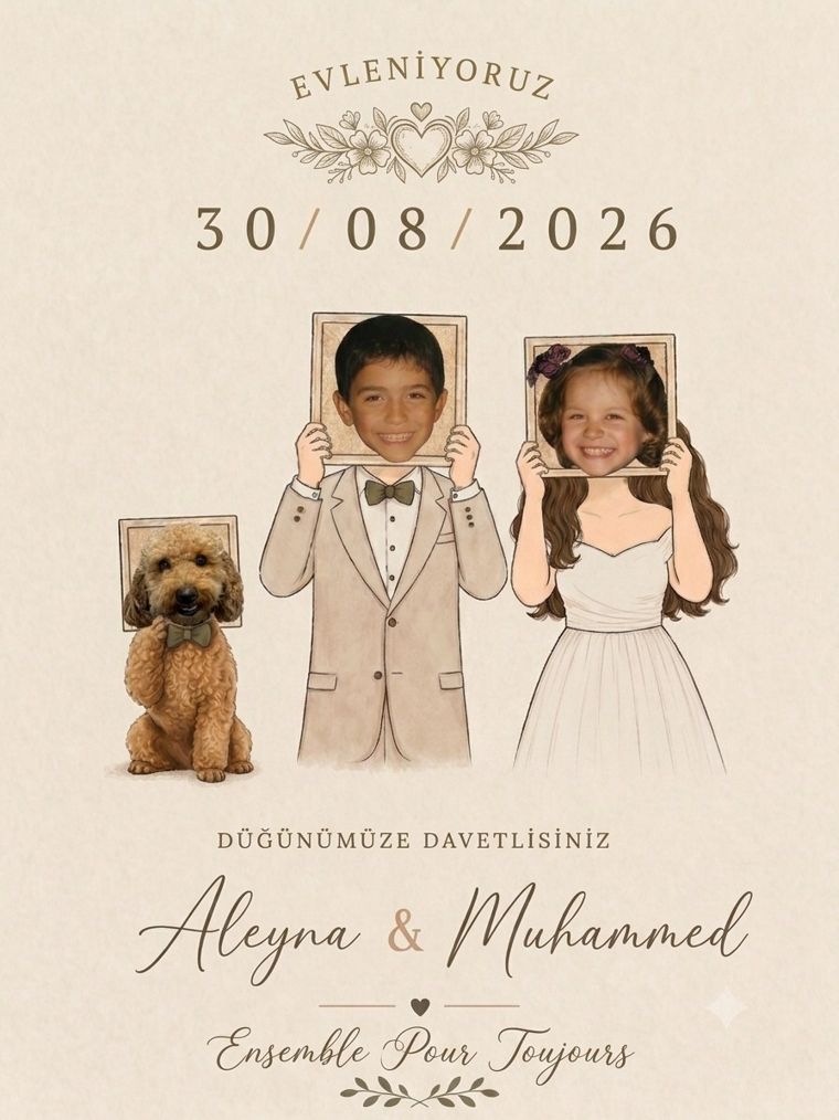 Aleyna & Muhammed düğün davetiyesi çizimi — köpekleri Rio ile